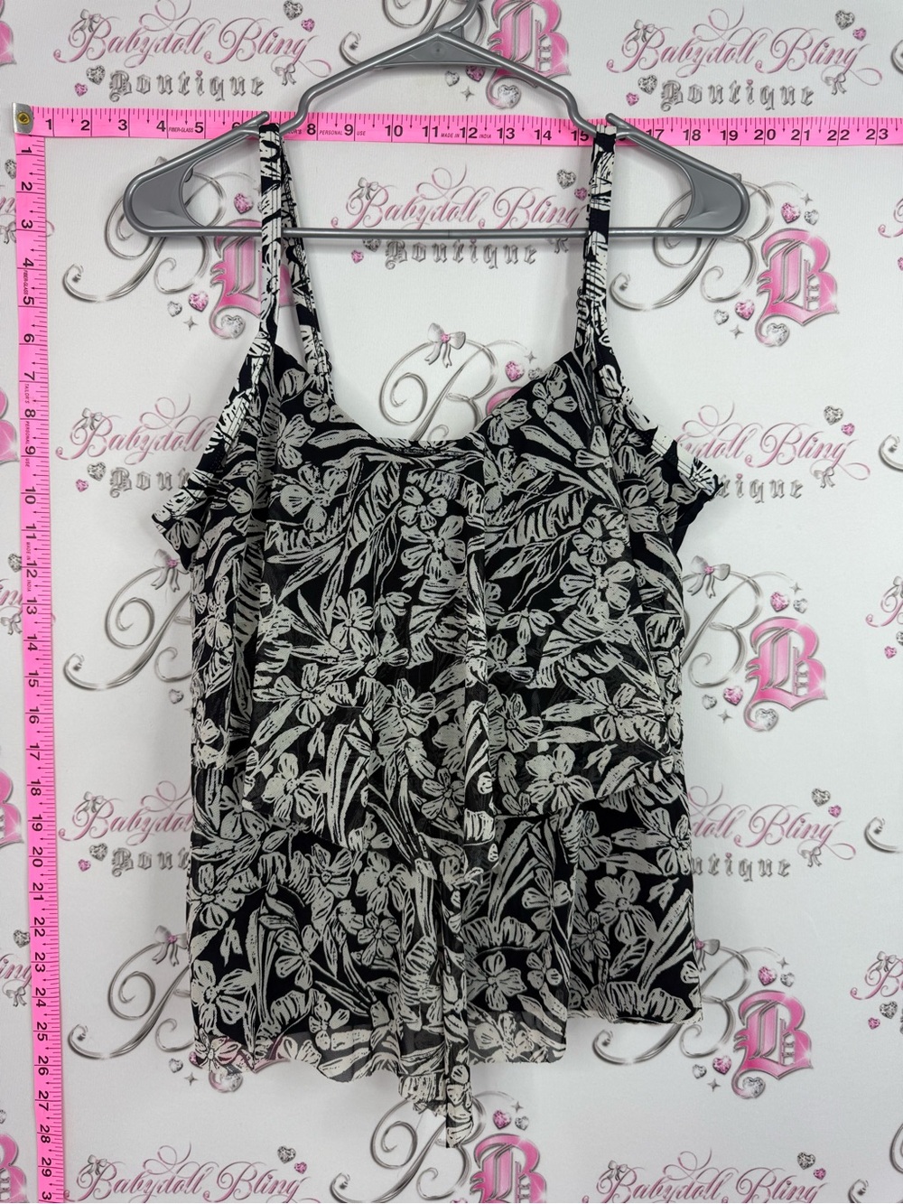 Krista Tankini swim suit Floral Print Ruffled Sleeveless Top - Black/Cream - Picture 1 of 12